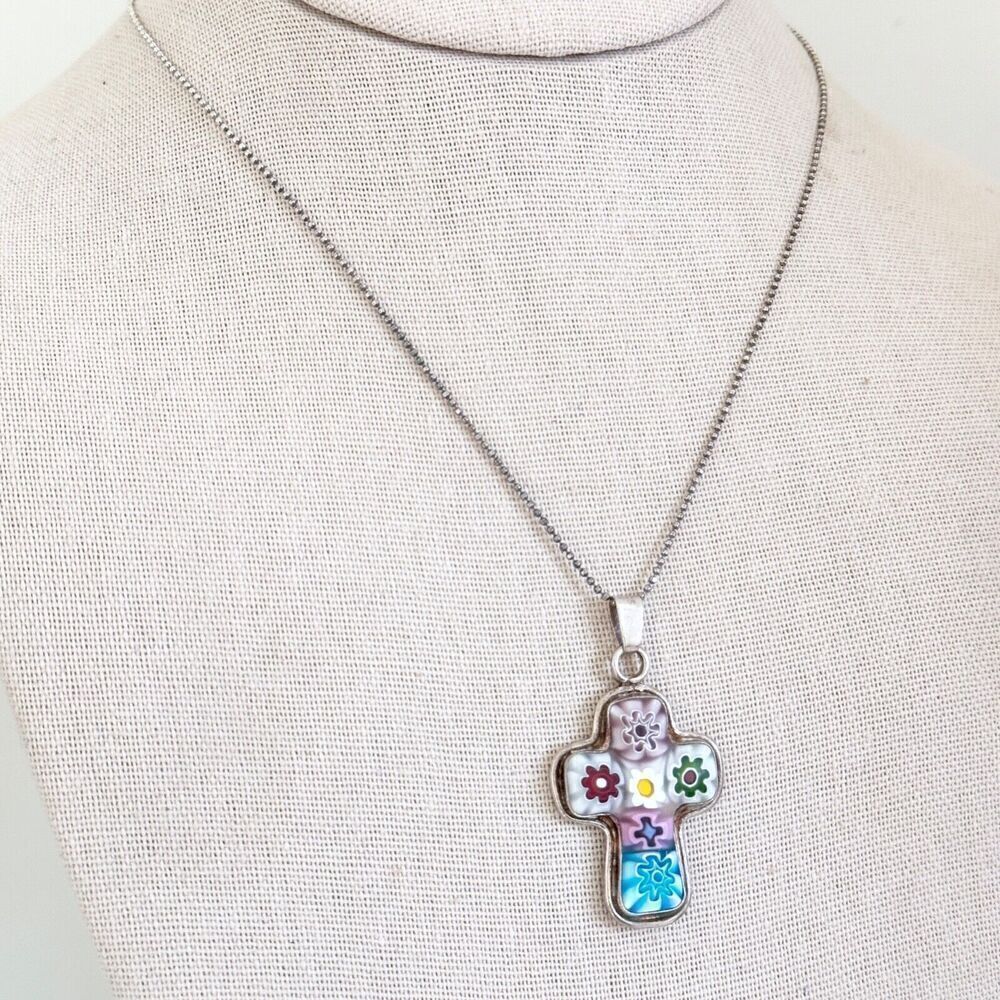 Vintage 925 Sterling Silver Millefiori Floral Glass Cross Pendant Necklace 16"